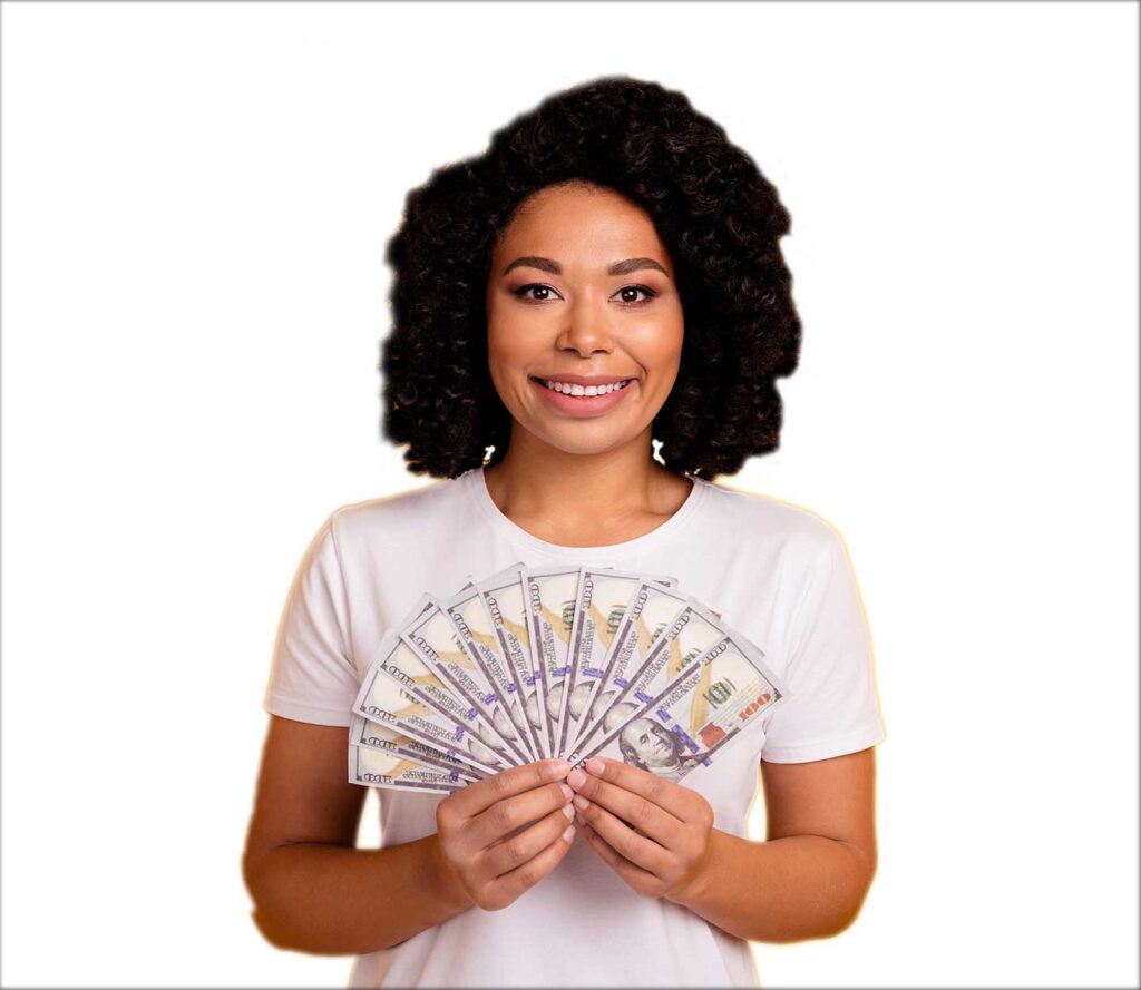 Refer a friend Soaps N Suds happy woman with money